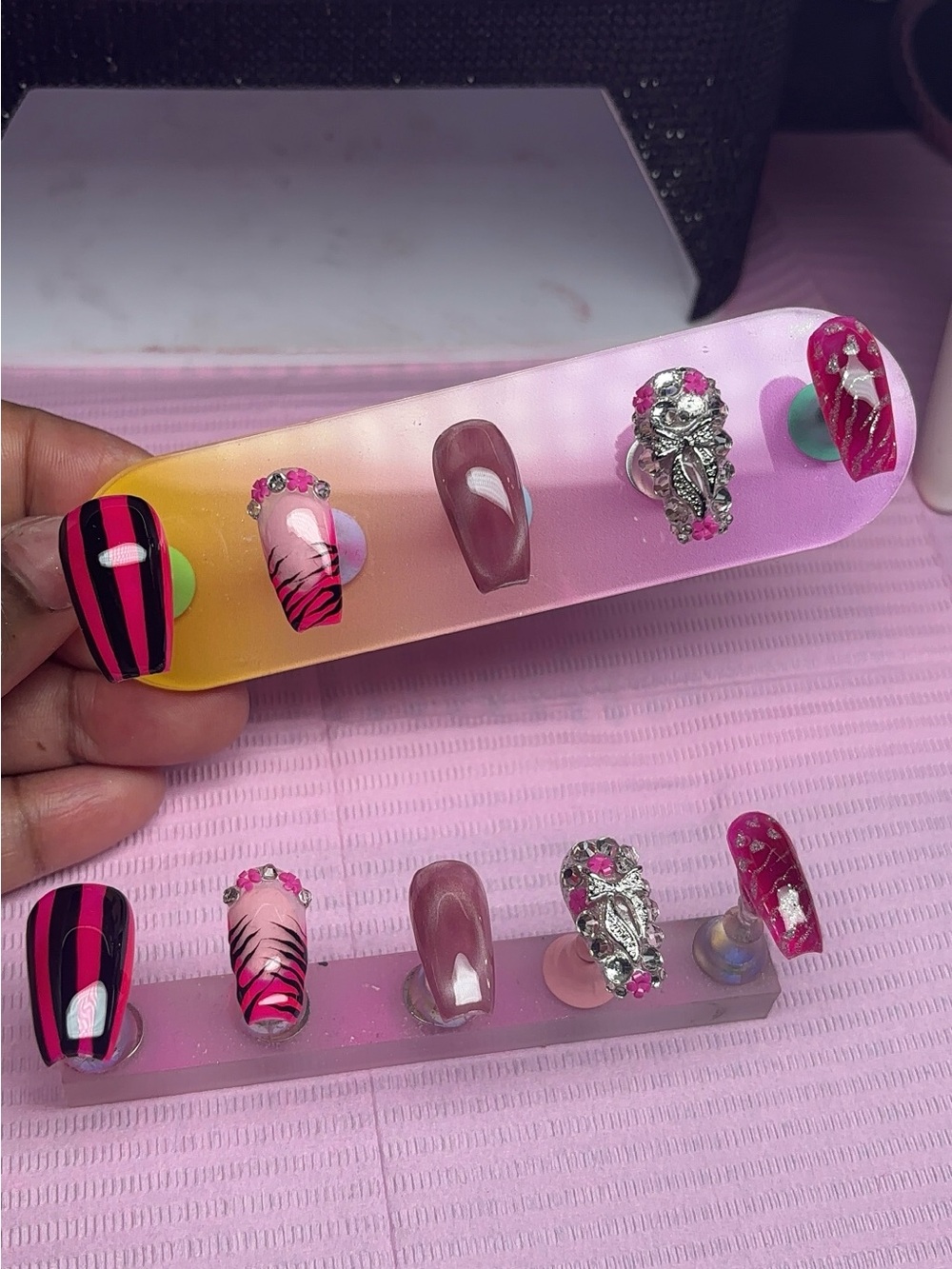 Handmade Pink and Hot Pink Nail Set with Rhinestone Accent